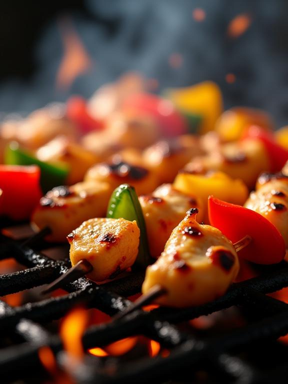 Färgglada grönsaks- och kycklingspett på en het grill