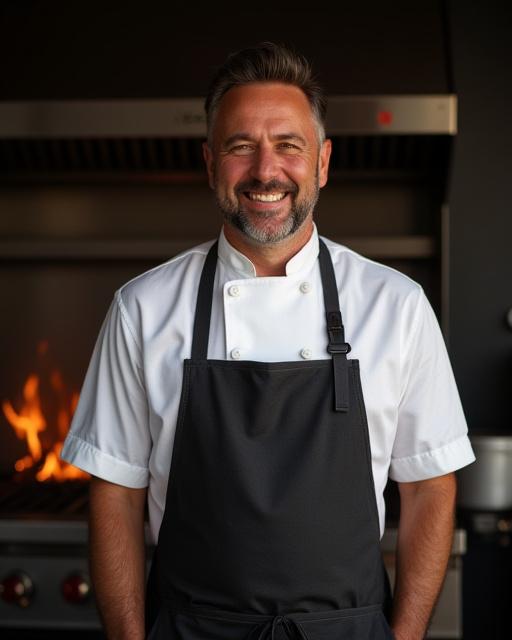 Porträtt av grundaren, leende i ett förkläde framför en grill